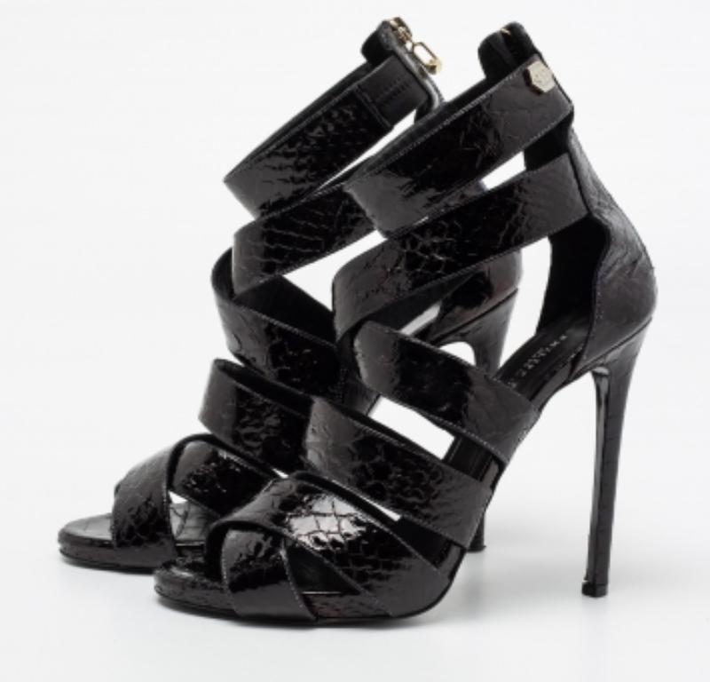 Philipp Plein Black Python Embossed Leather Strappy Sandals Size 38 For Sale 1