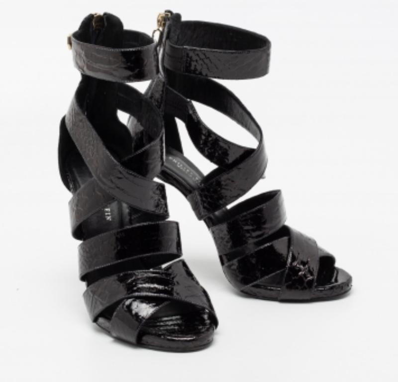 Philipp Plein Black Python Embossed Leather Strappy Sandals Size 38 For Sale 2