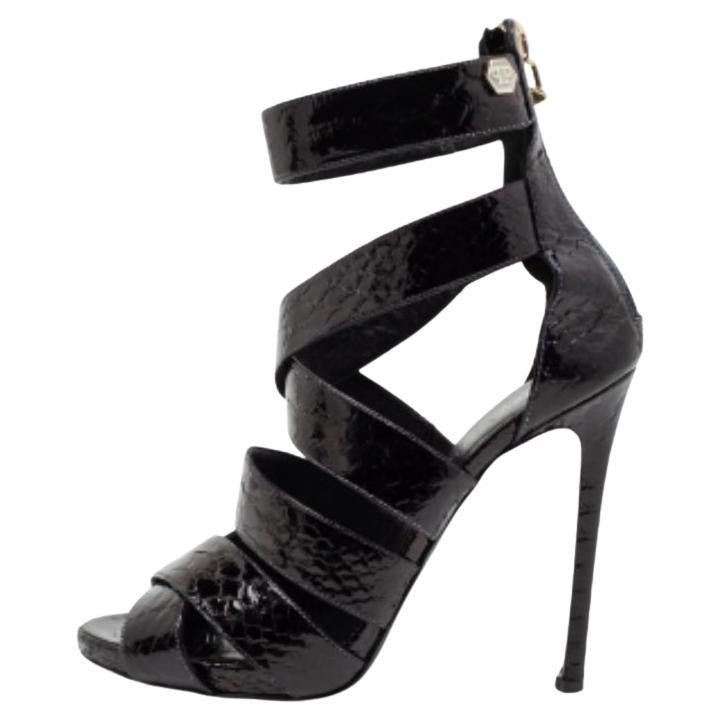 Philipp Plein Black Python Embossed Leather Strappy Sandals Size 38 For Sale