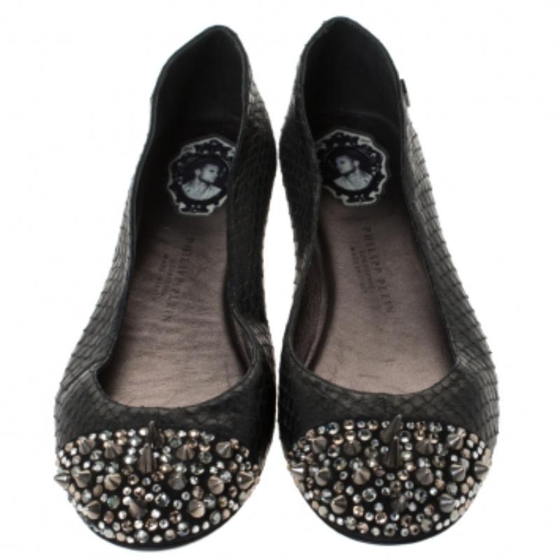 Noir Philipp Plein Black Python Spike Ballet Flats Size 38.5 en vente
