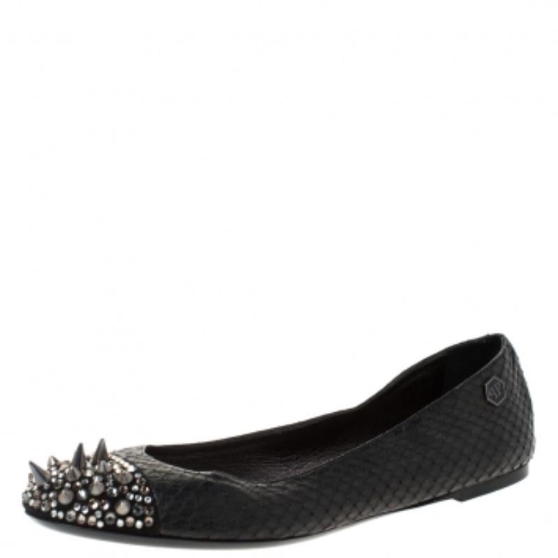 Philipp Plein Black Python Spike Ballet Flats Size 38.5 en vente 1
