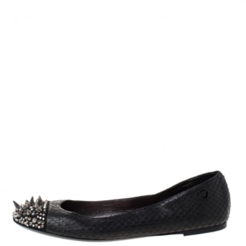 Philipp Plein Black Python Spike Ballet Flats Size 38.5 en vente