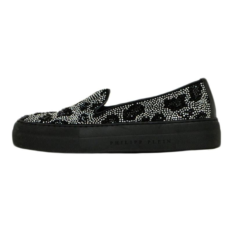 Philipp Plein Black/ Silver Leopard Print Crystal Sneakers sz 36