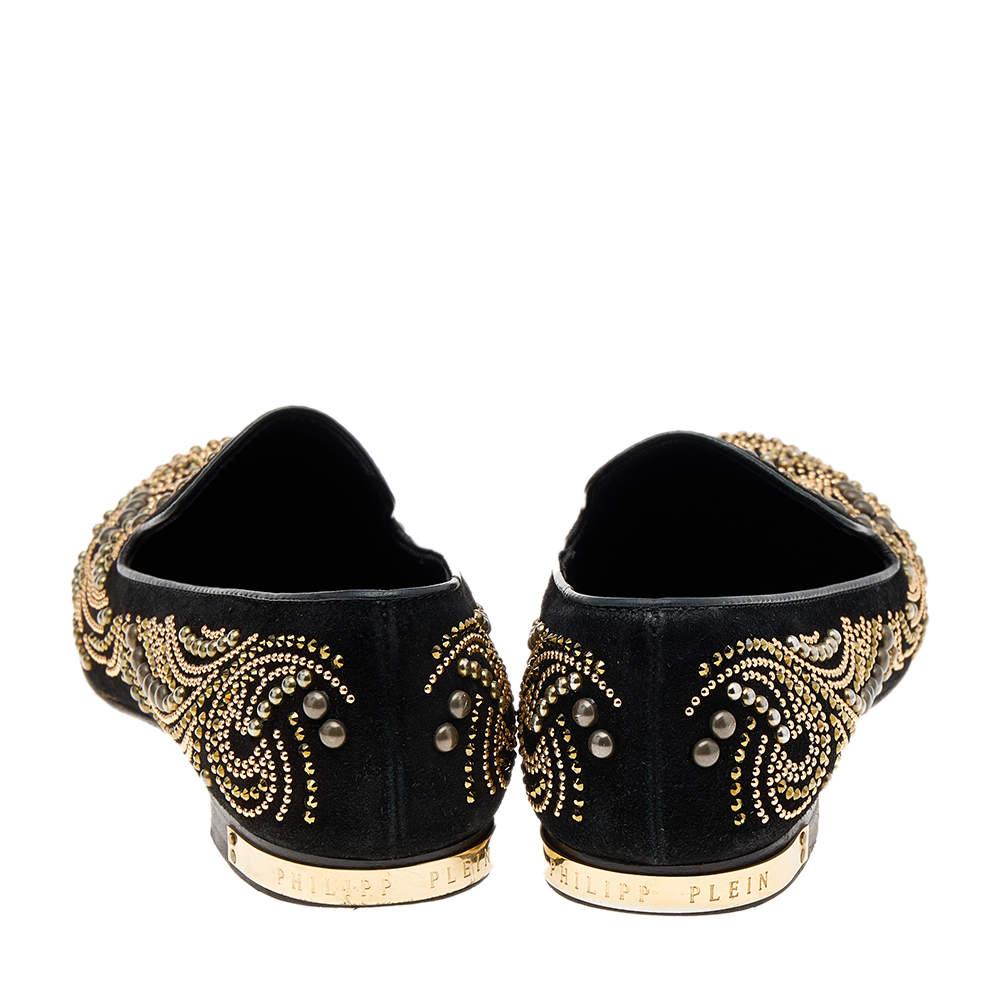 Philipp Plein Black Suede Embellished Smoking Loafers Size 37 In Good Condition For Sale In Dubai, Al Qouz 2