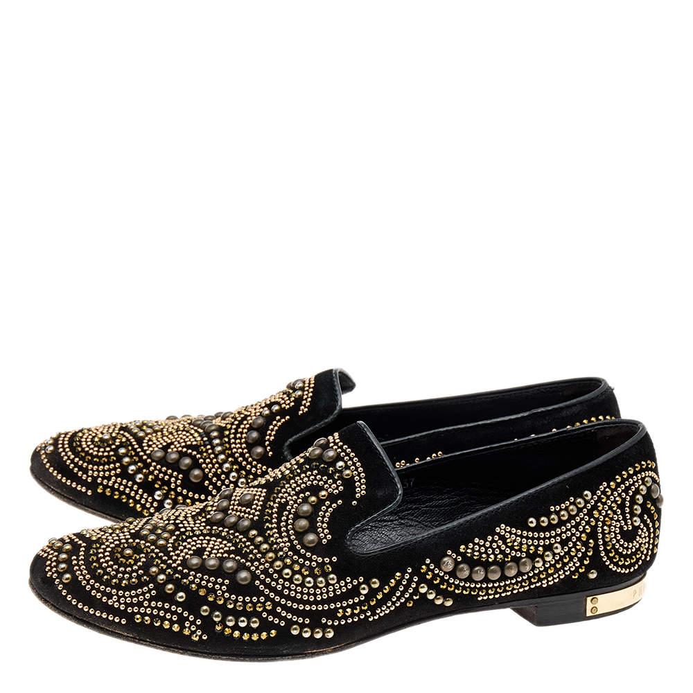 Women's Philipp Plein Black Suede Embellished Smoking Loafers Size 37 For Sale