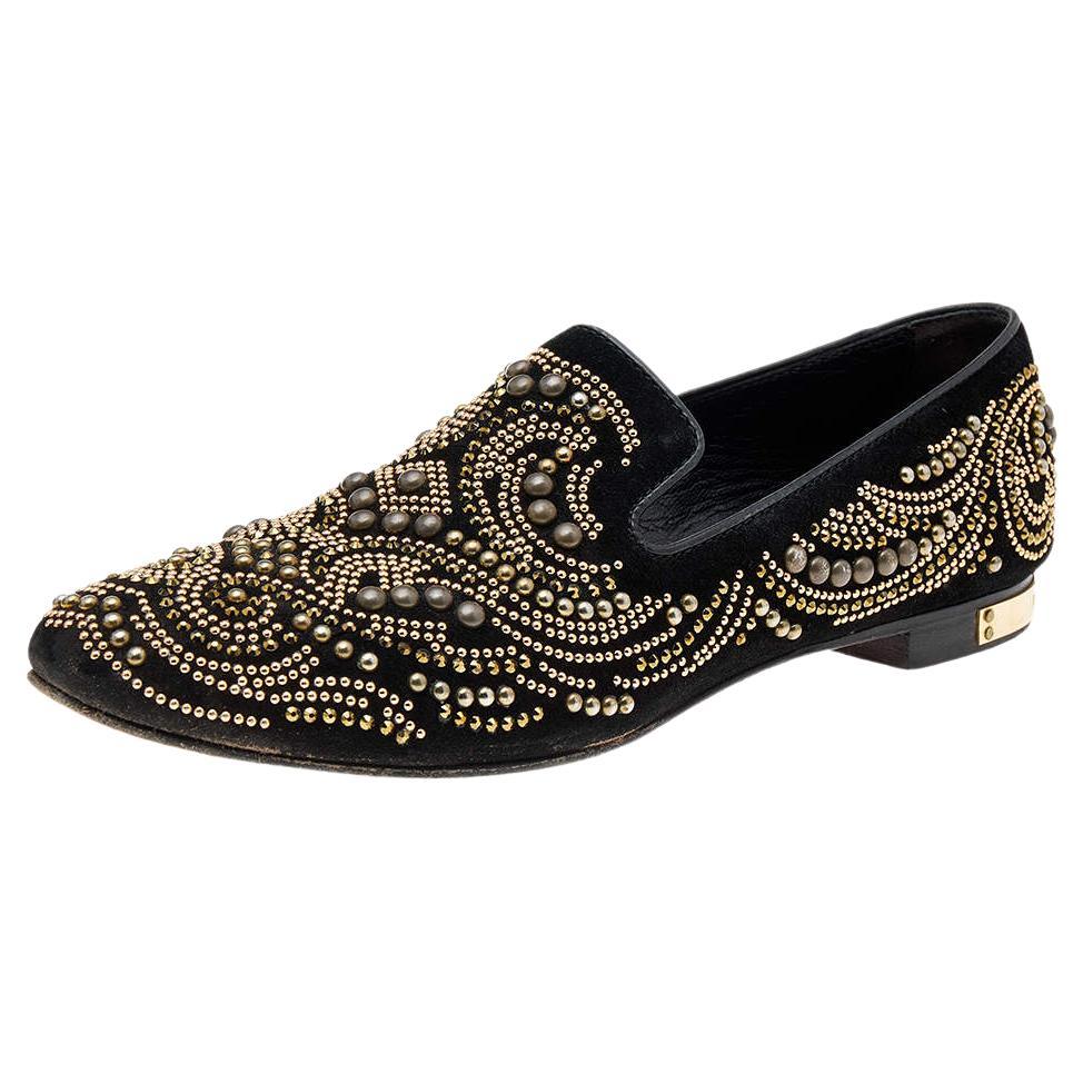 Philipp Plein Black Suede Embellished Smoking Loafers Size 37 For Sale