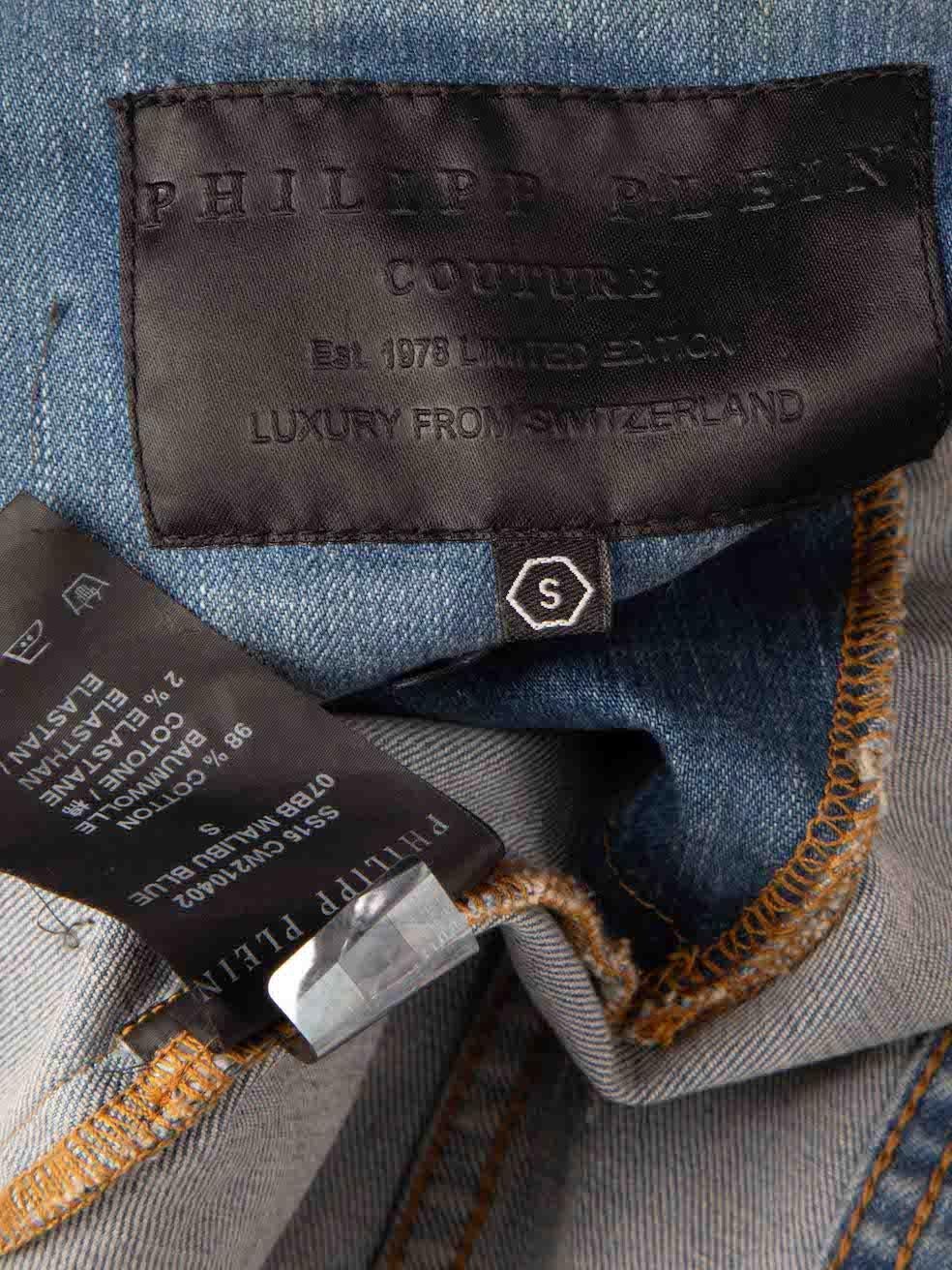 Philipp Plein Blue Denim Lips Embellished Jacket Size S For Sale 1