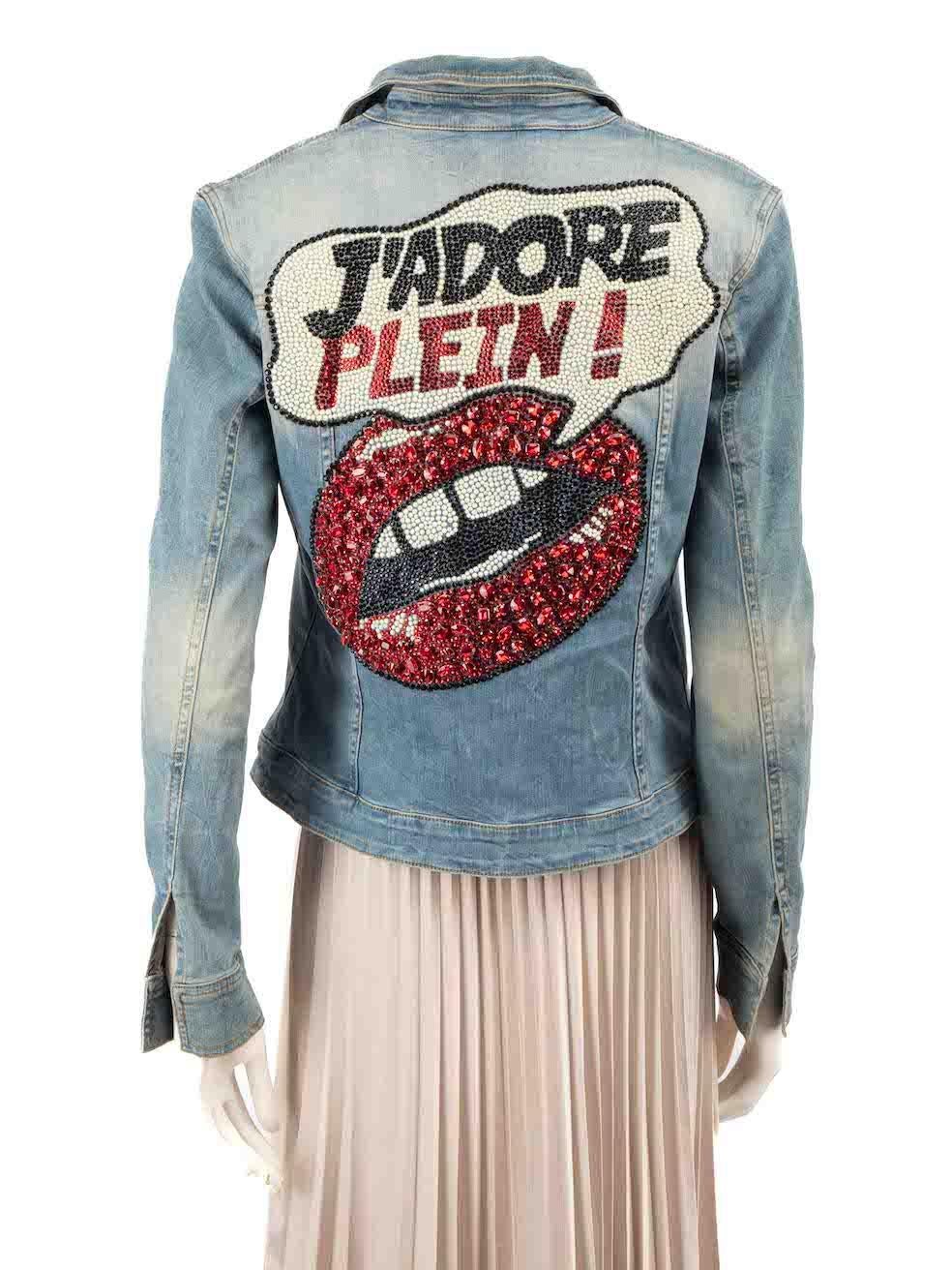 Philipp Plein Blue Denim Lips Embellished Jacket Size S For Sale 3