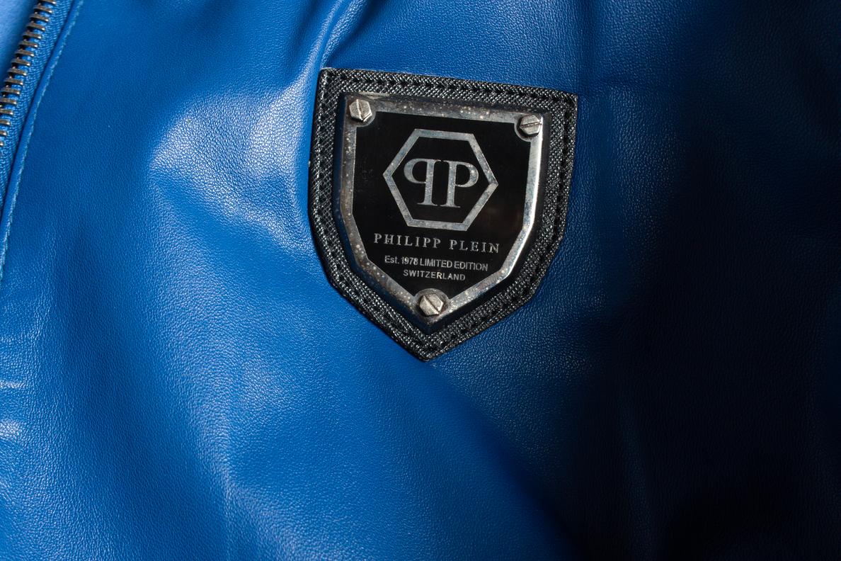 Men's Philipp Plein, blue leather jacket For Sale
