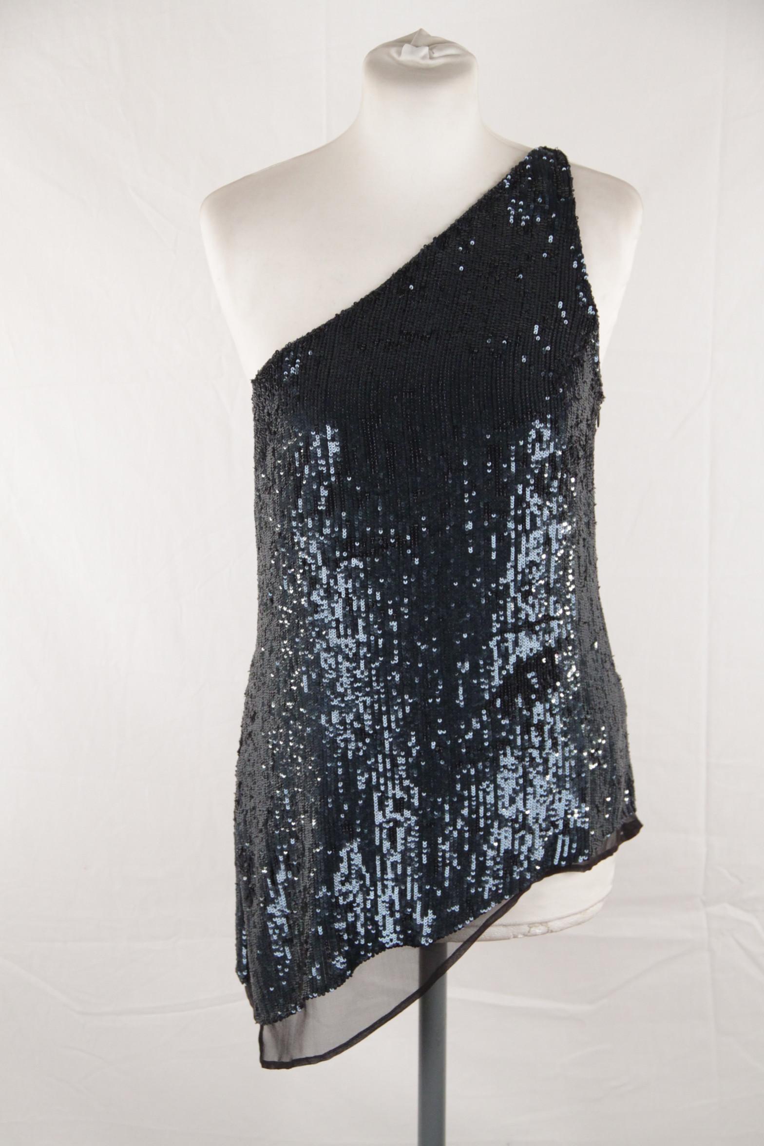 Philipp Plein Blue Silk Sequin One Shoulder Top with Asymmetric Hem In Excellent Condition In Rome, Rome