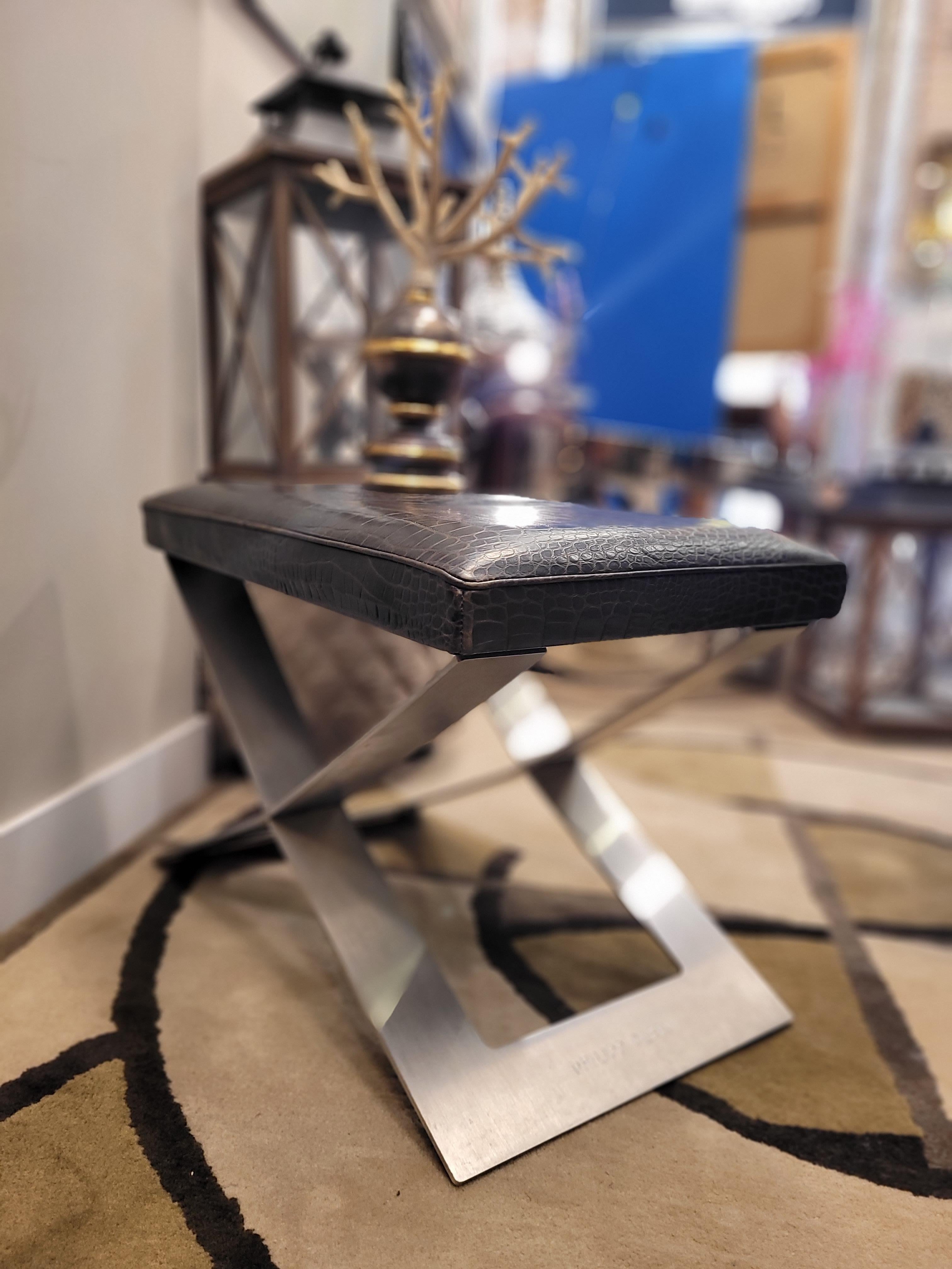 Philipp Plein Brown leather coco Benche, stool , signed 7