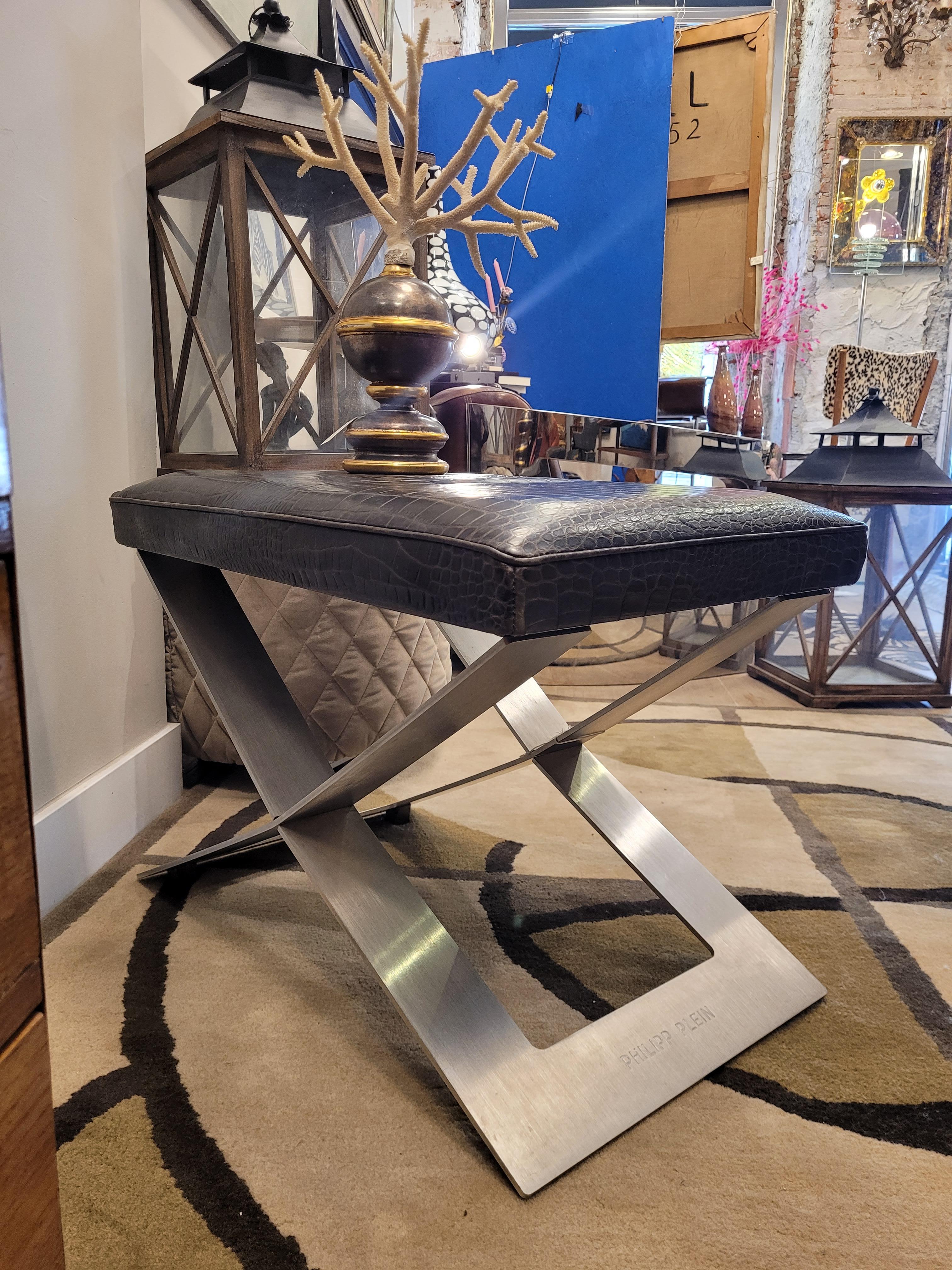 Philipp Plein Brown leather coco Benche, stool , signed 9