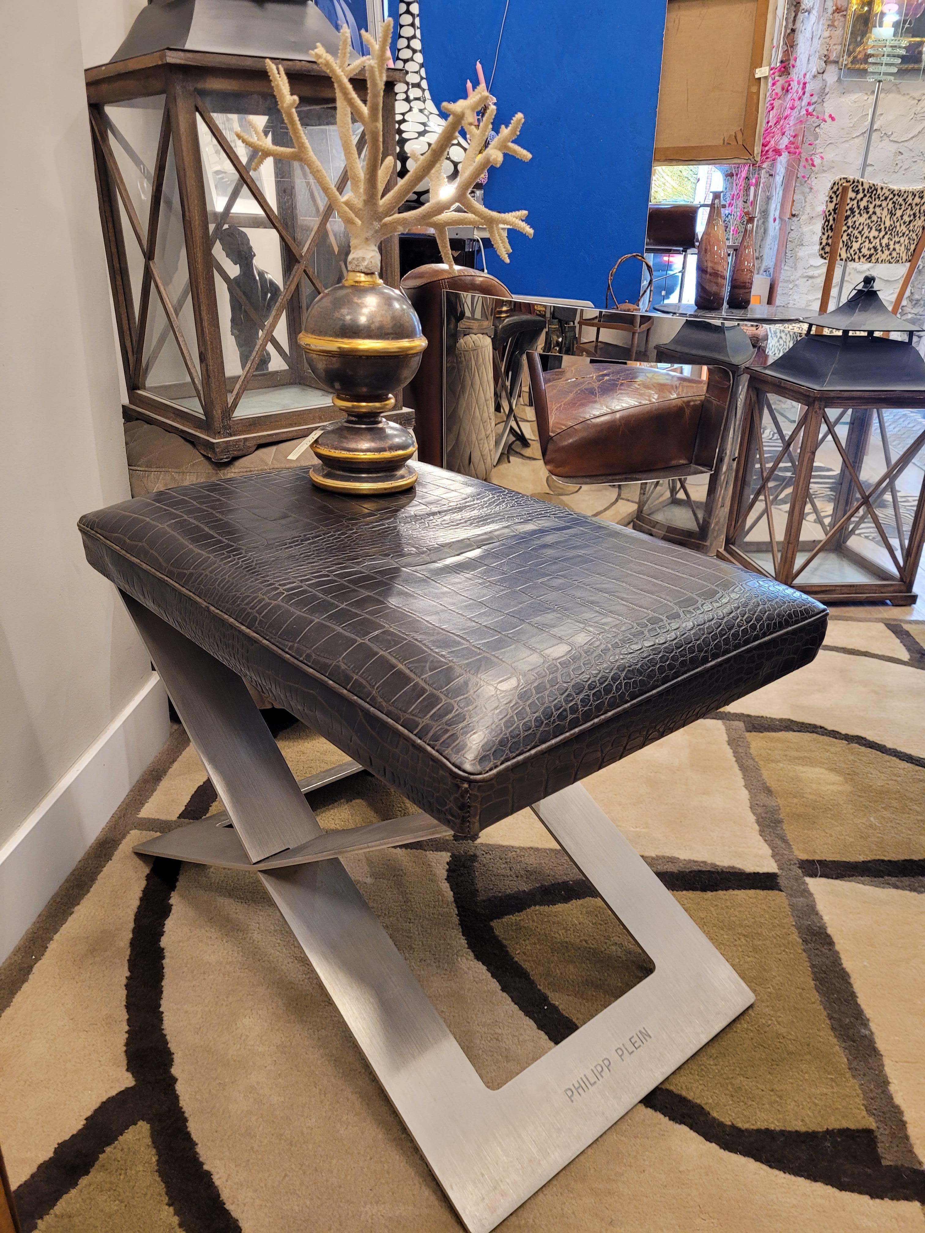 Philipp Plein Brown leather coco Benche, stool , signed 10