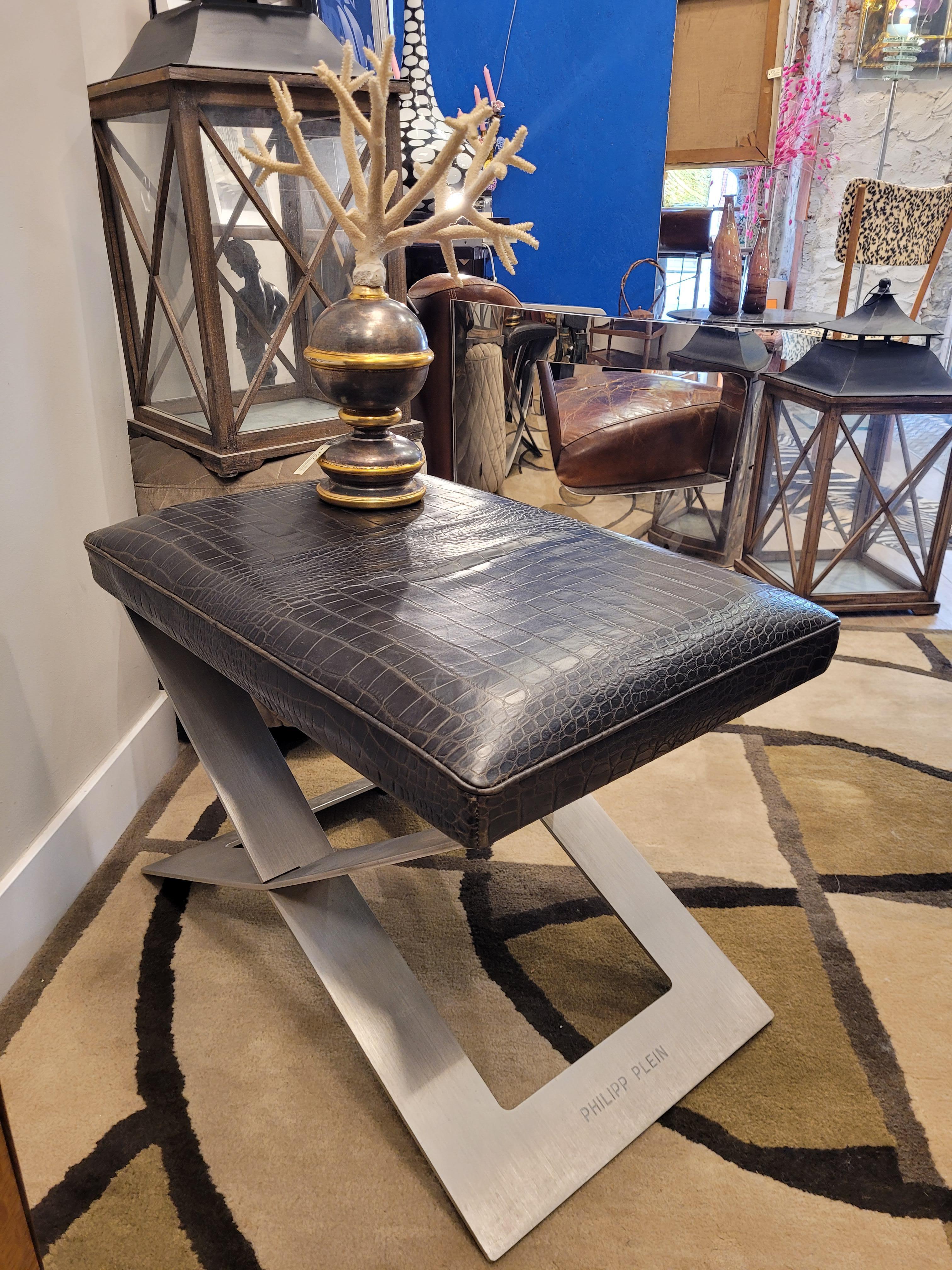 Philipp Plein Brown leather coco Benche, stool , signed 11