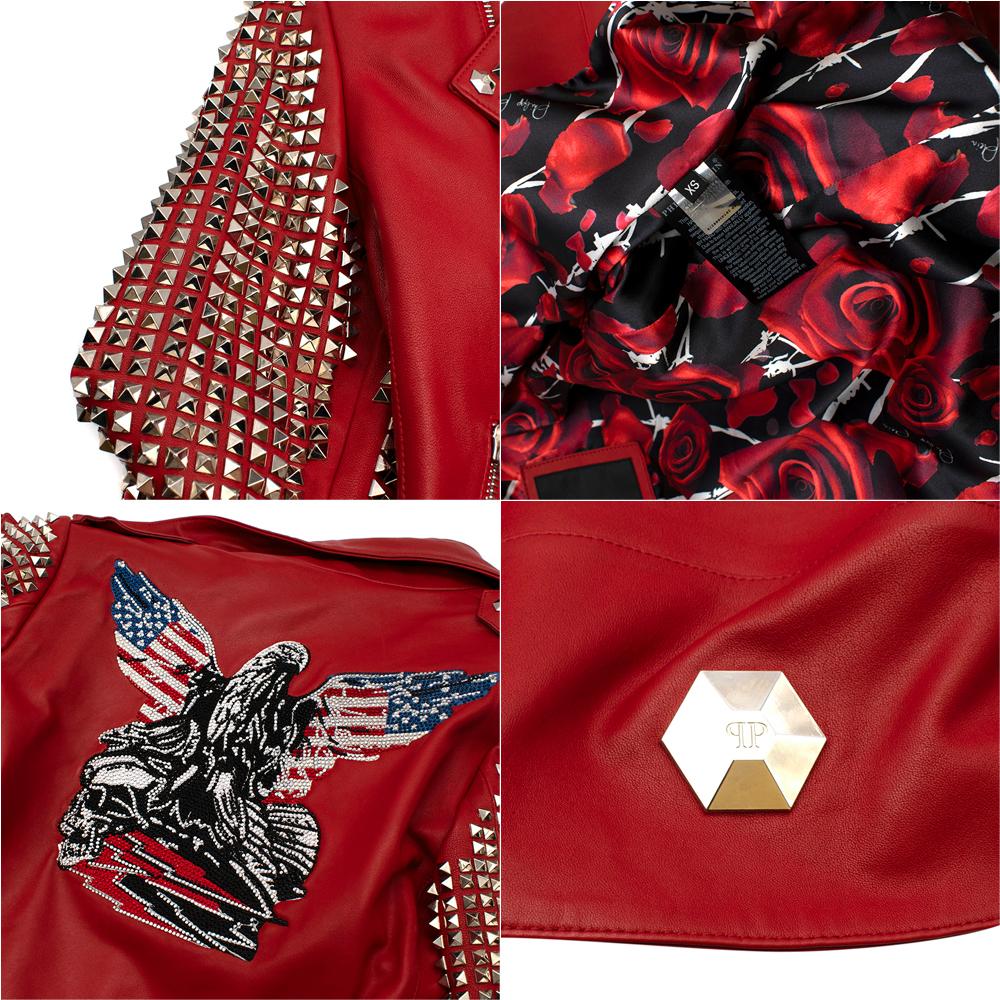 Philipp Plein Couture Embellished Red Leather Jacket - Size XS For Sale 1