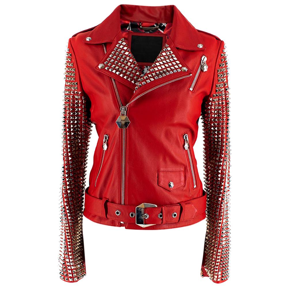 Philipp Plein Couture Embellished Red Leather Jacket - Size XS For Sale