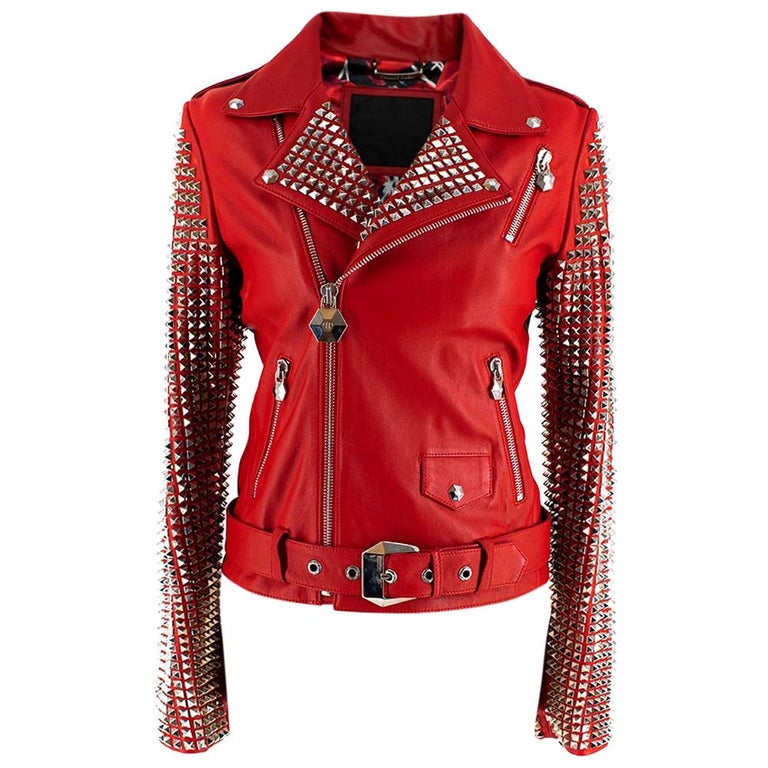 Philipp Plein Couture Embellished Red Leather Jacket - Size XS For Sale ...