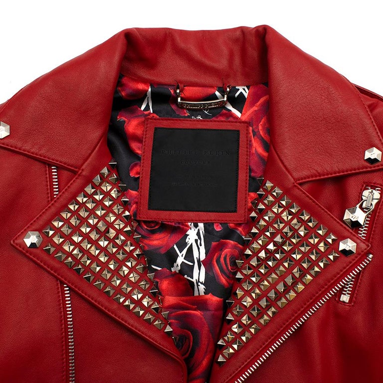 Philipp Plein Couture Embellished Red Leather Jacket - Size XS For Sale at  1stDibs