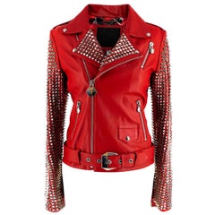 Philipp Plein Couture Rote Lederjacke mit Verzierungen - Größe XS