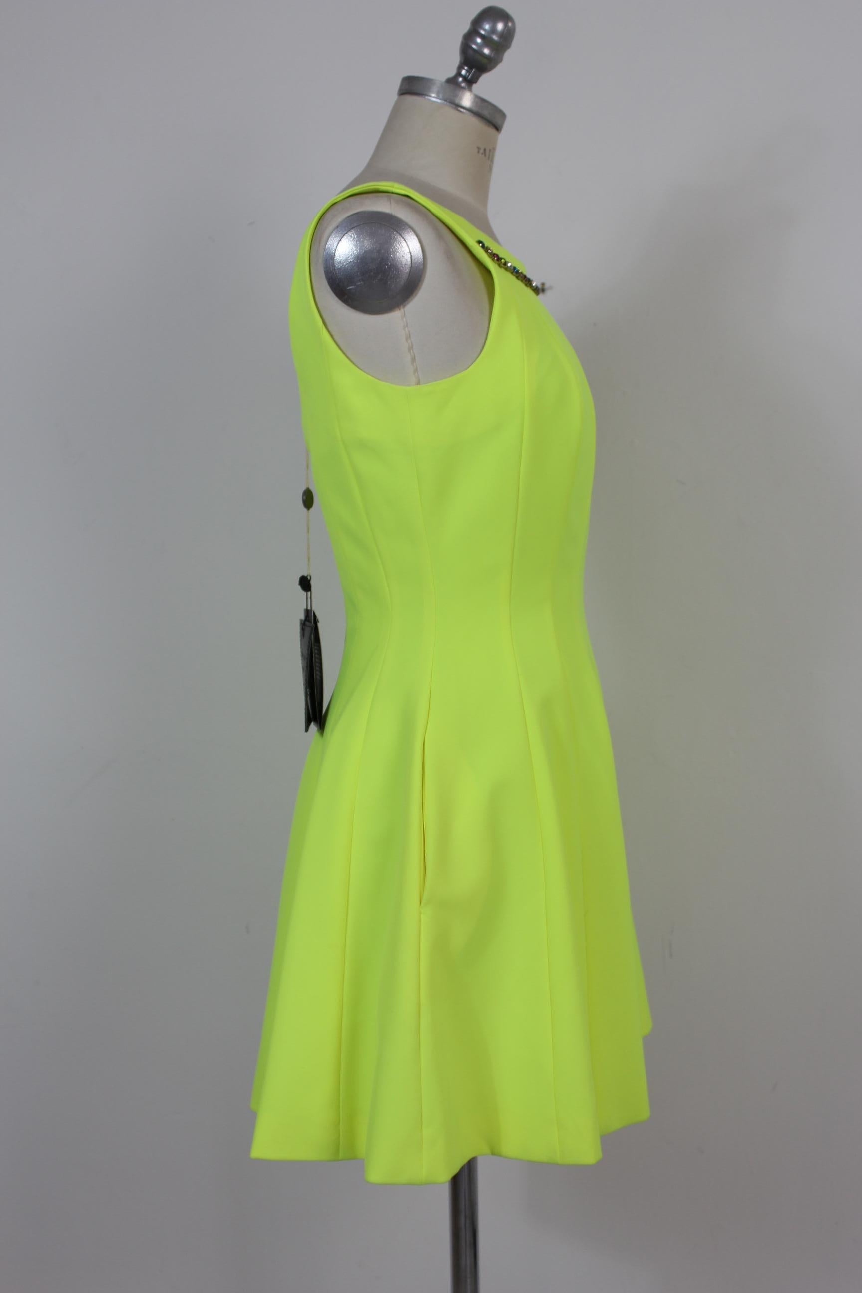 Green Philipp Plein Couture Fluo Yellow Stones Sleeveless Flared Short Party Dress