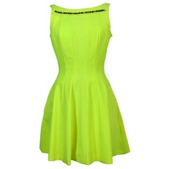 Philipp Plein Couture Fluo Yellow Stones Sleeveless Flared Short Party Dress