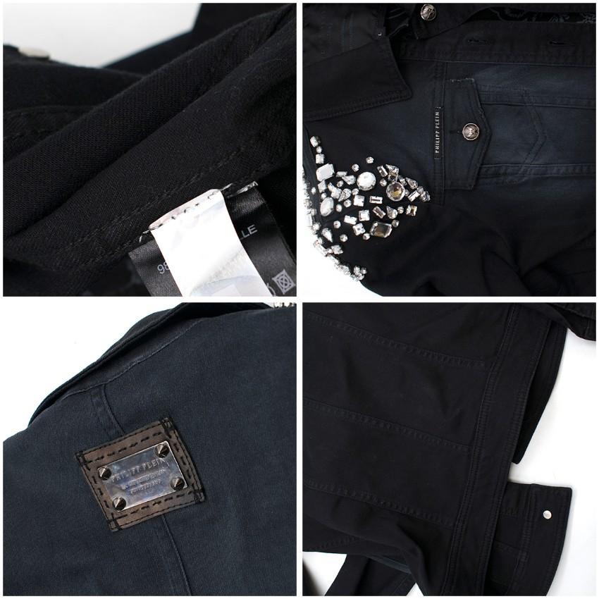 Philipp Plein Crystal-Embellished Black Denim Jacket - Size US 4 For Sale 3