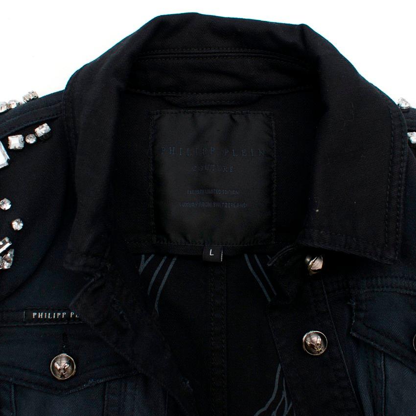 Philipp Plein Crystal-Embellished Black Denim Jacket - Size US 4 In Excellent Condition For Sale In London, GB
