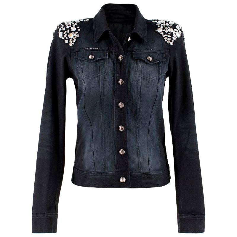 Philipp Plein Crystal-Embellished Black Denim Jacket - Size US 4 For Sale
