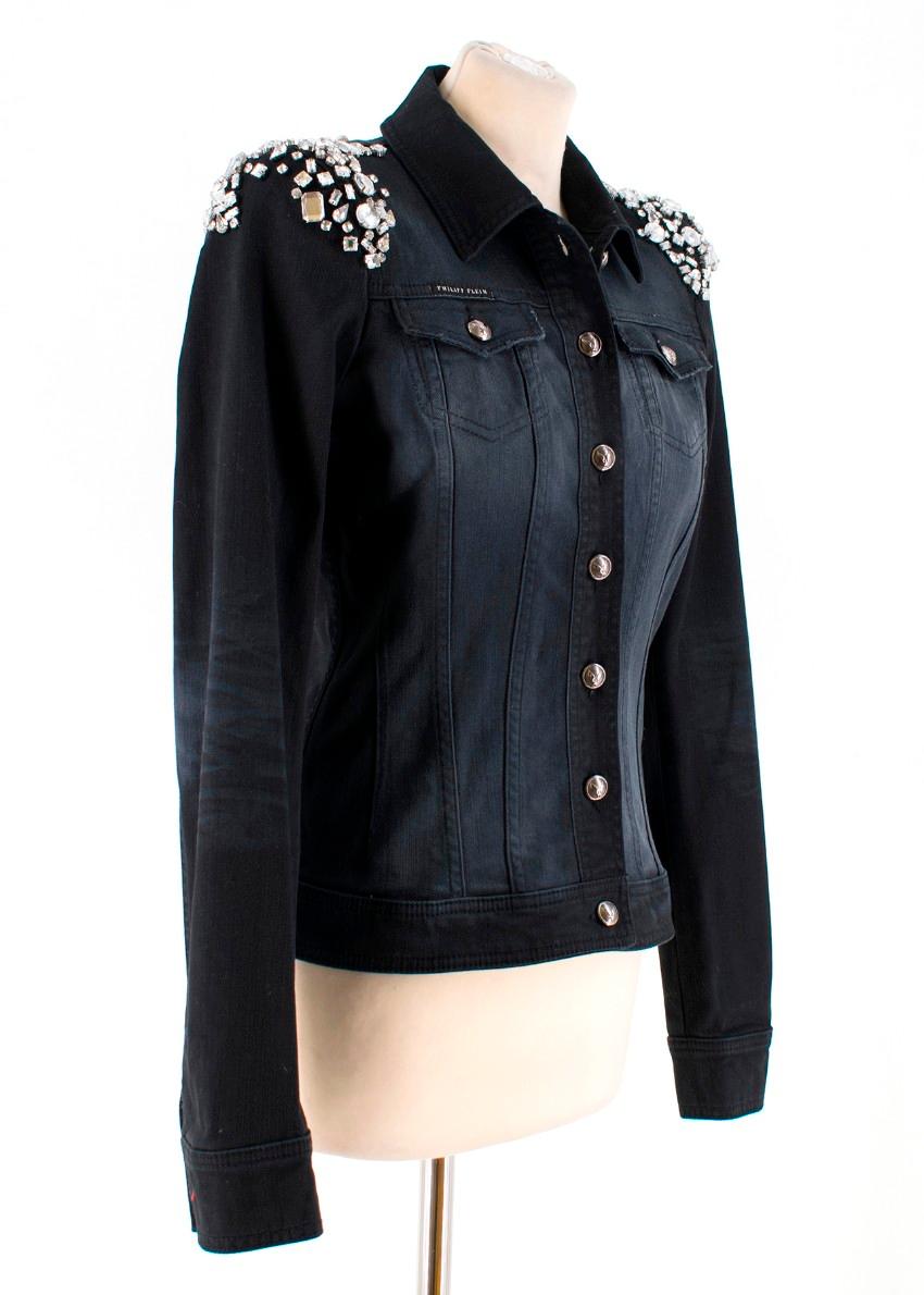 Philipp Plein Crystal-Embellished Black Denim Jacket

- Black denim jacket with strategic 'washed out' effect patches
- The shoulders are heavily embellished with faux crystals
- Button fastening and buttoned cuffs
- Buttoned chest pockets
- Printed