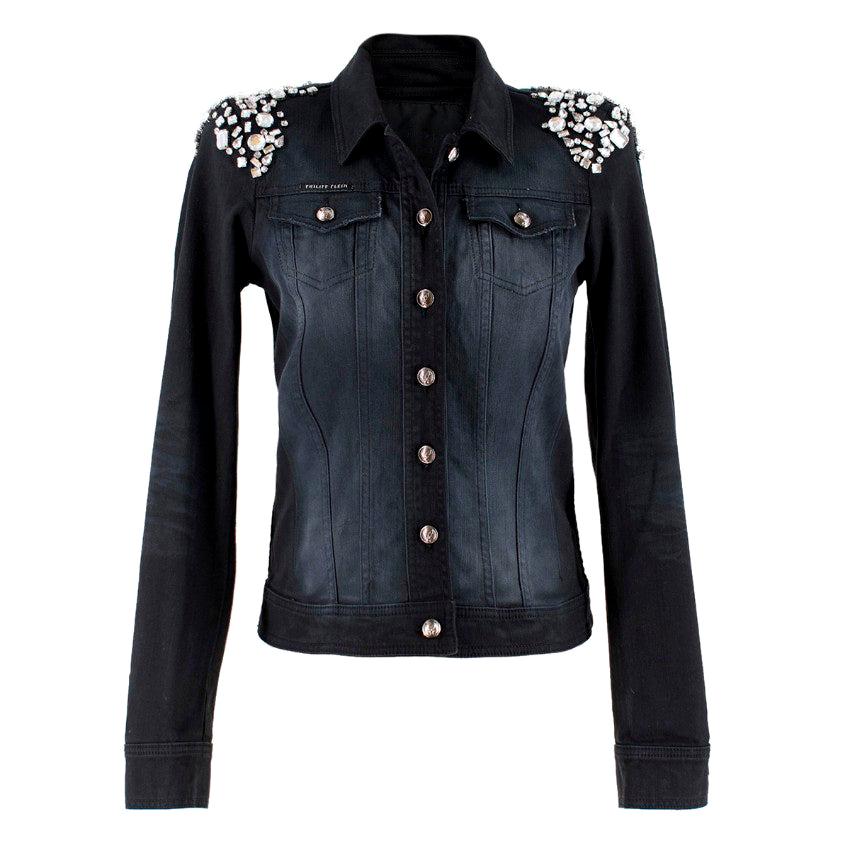 Philipp Plein Crystal-Embellished Black Denim Jacket - Size US 4 at 1stDibs