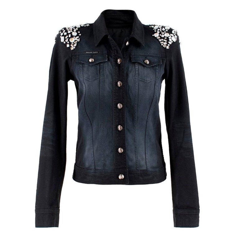 Philipp Plein CrystalEmbellished Black Denim Jacket UK 8