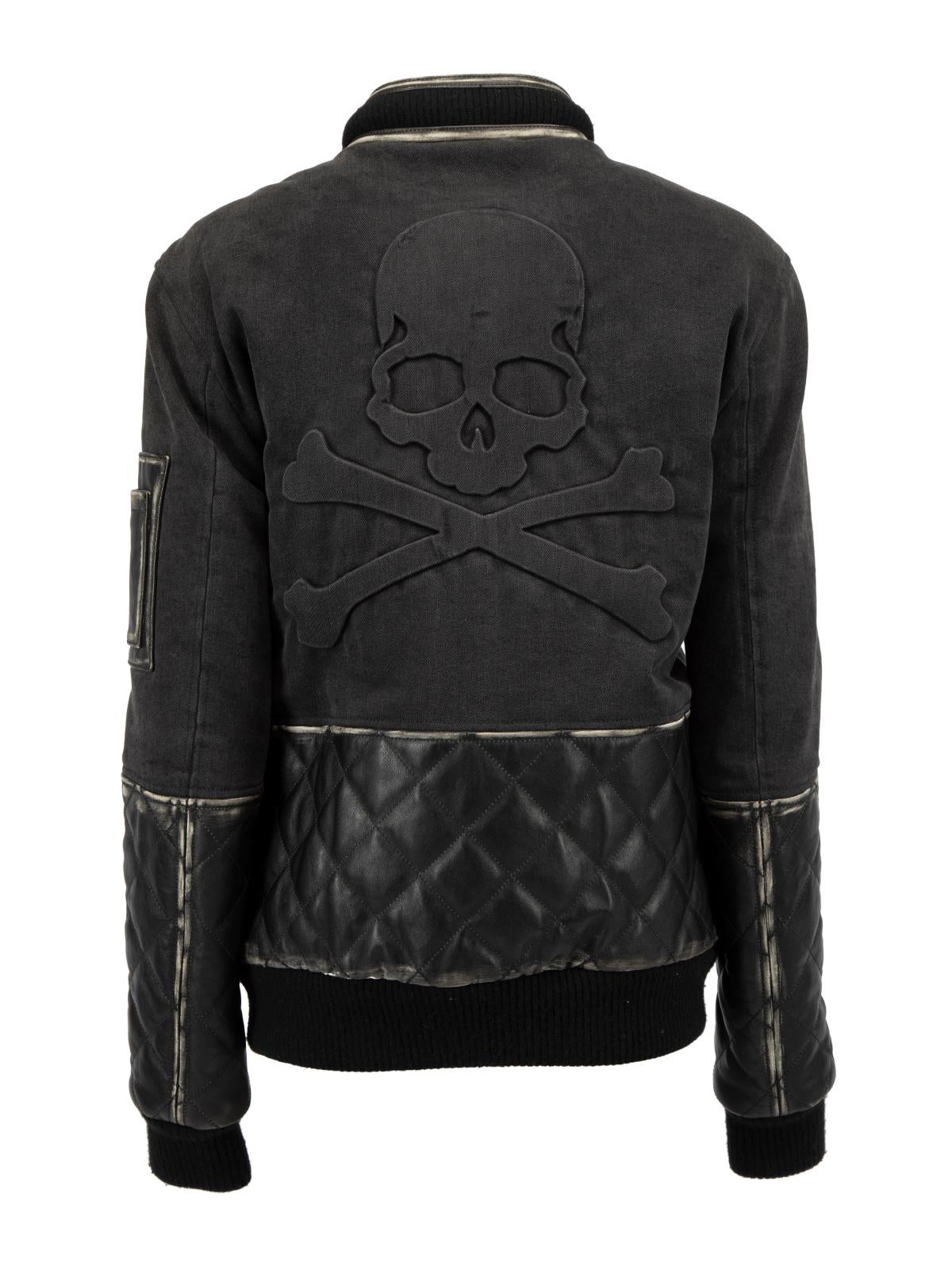 Nero Philipp Plein Bomber in cotone grigio scuro con dettagli in pelle di vitello Matelasse Taglia L. in vendita