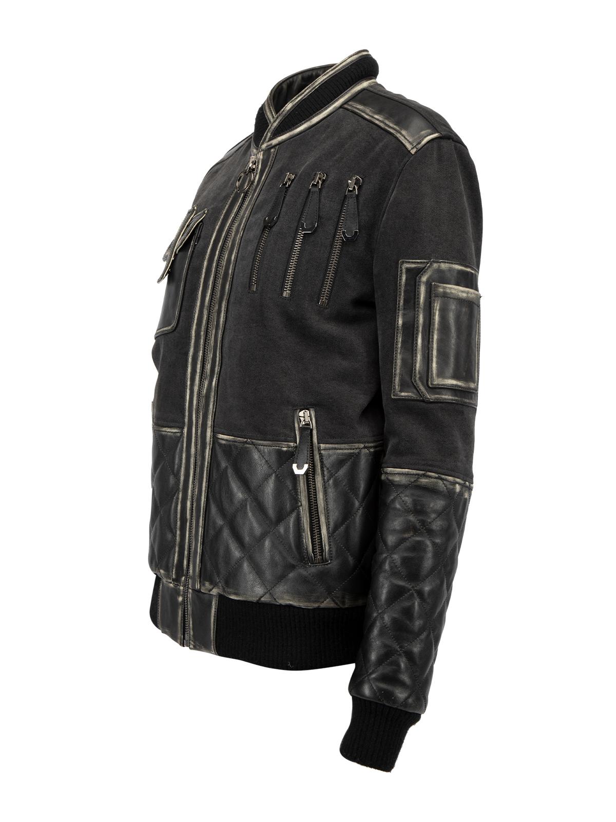 Philipp Plein Dark Grey Cotton Bomber with Calf Leather Matelasse Details Size L In Good Condition For Sale In London, GB