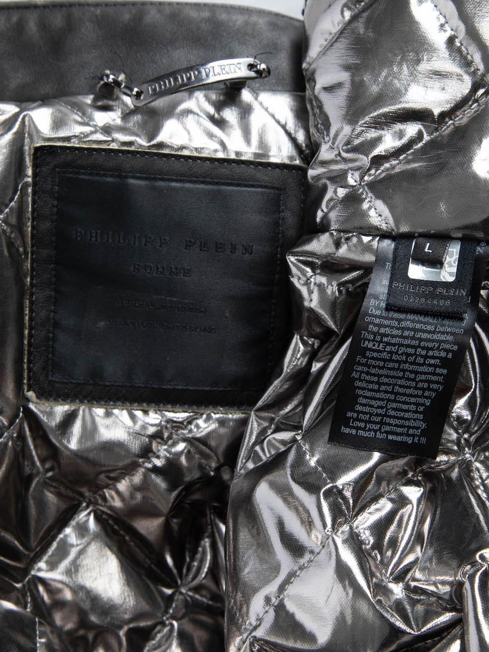 Philipp Plein Dunkelgrauer Baumwollbomber mit Kalbsleder-Matelassedetails Größe L Damen im Angebot