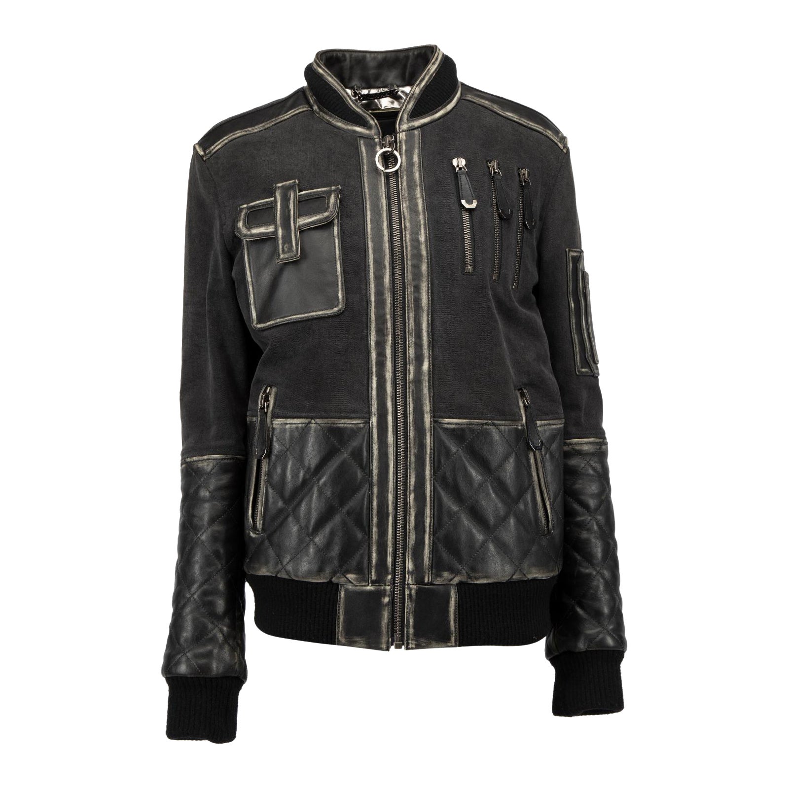 Philipp Plein Bomber in cotone grigio scuro con dettagli in pelle di vitello Matelasse Taglia L.