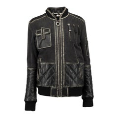 Philipp Plein Dark Grey Cotton Bomber with Calf Leather Matelasse Details Size L