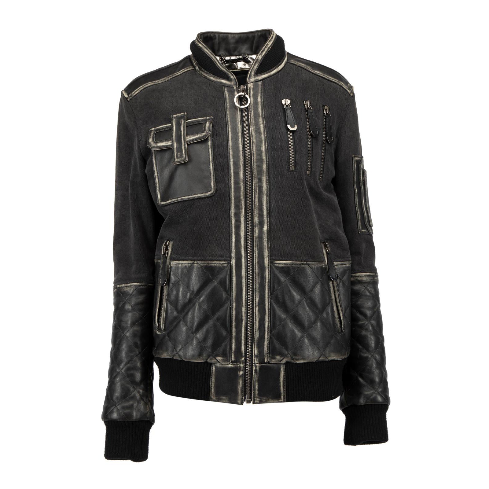 Philipp Plein Dunkelgrauer Baumwollbomber mit Kalbsleder-Matelassedetails Größe L im Angebot