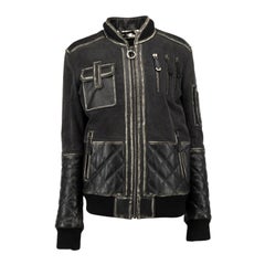 Philipp Plein Dunkelgrauer Baumwollbomber mit Kalbsleder-Matelassedetails Größe L