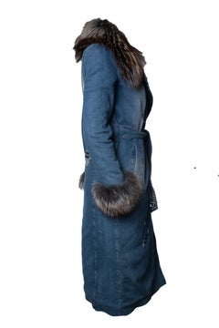 Philipp Plein, denim trench coat with fur collar and crystal skull