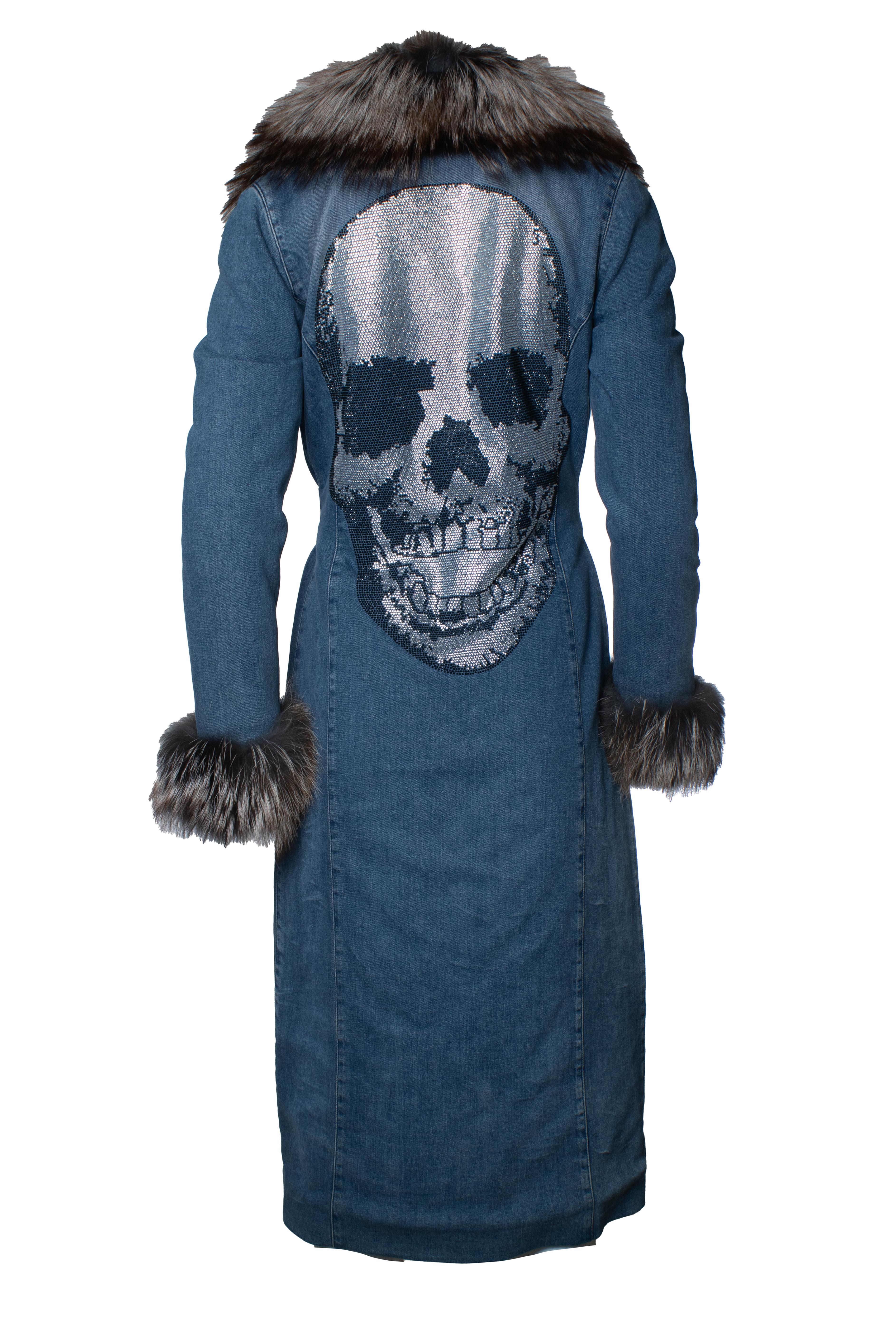 Philipp Plein, denim trench coat with fur collar and crystal skull For Sale