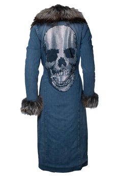 Philipp Plein, denim trench coat with fur collar and crystal skull
