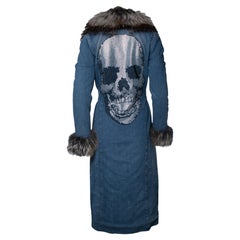 Philipp Plein, denim trench coat with fur collar and crystal skull on the back