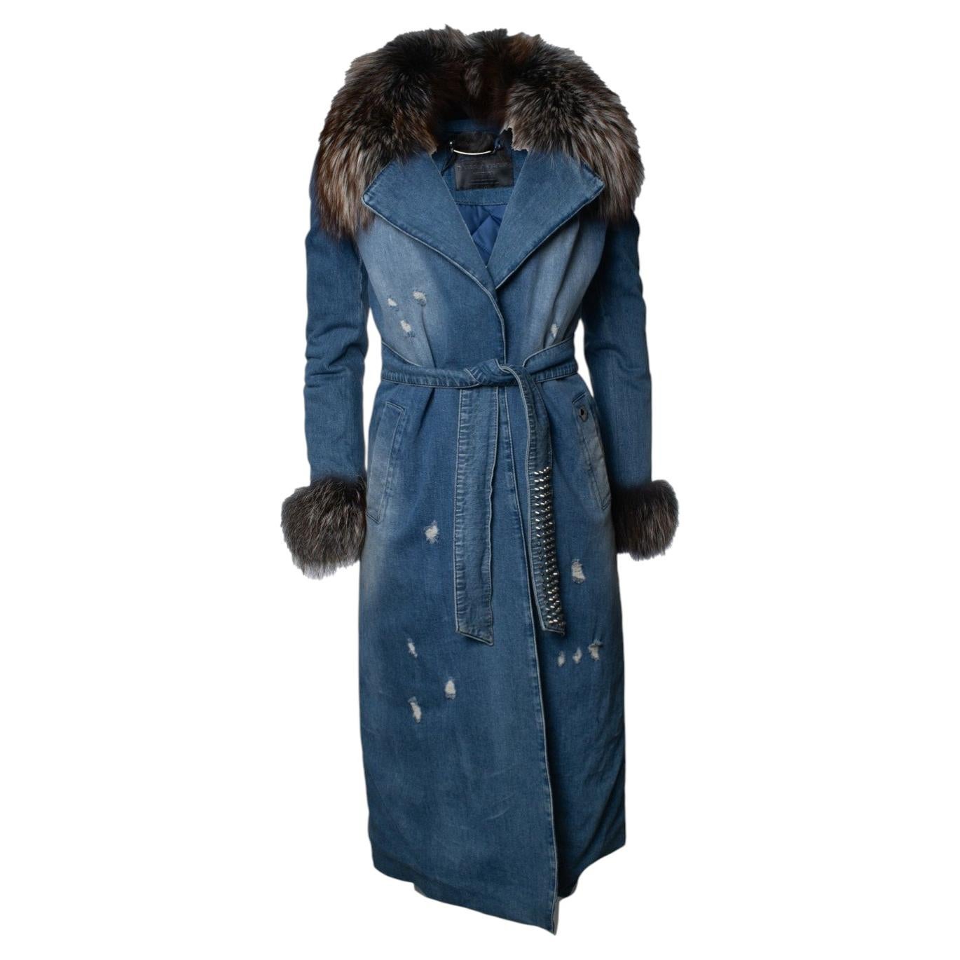 Philipp Plein, denim trench coat with fur collar For Sale