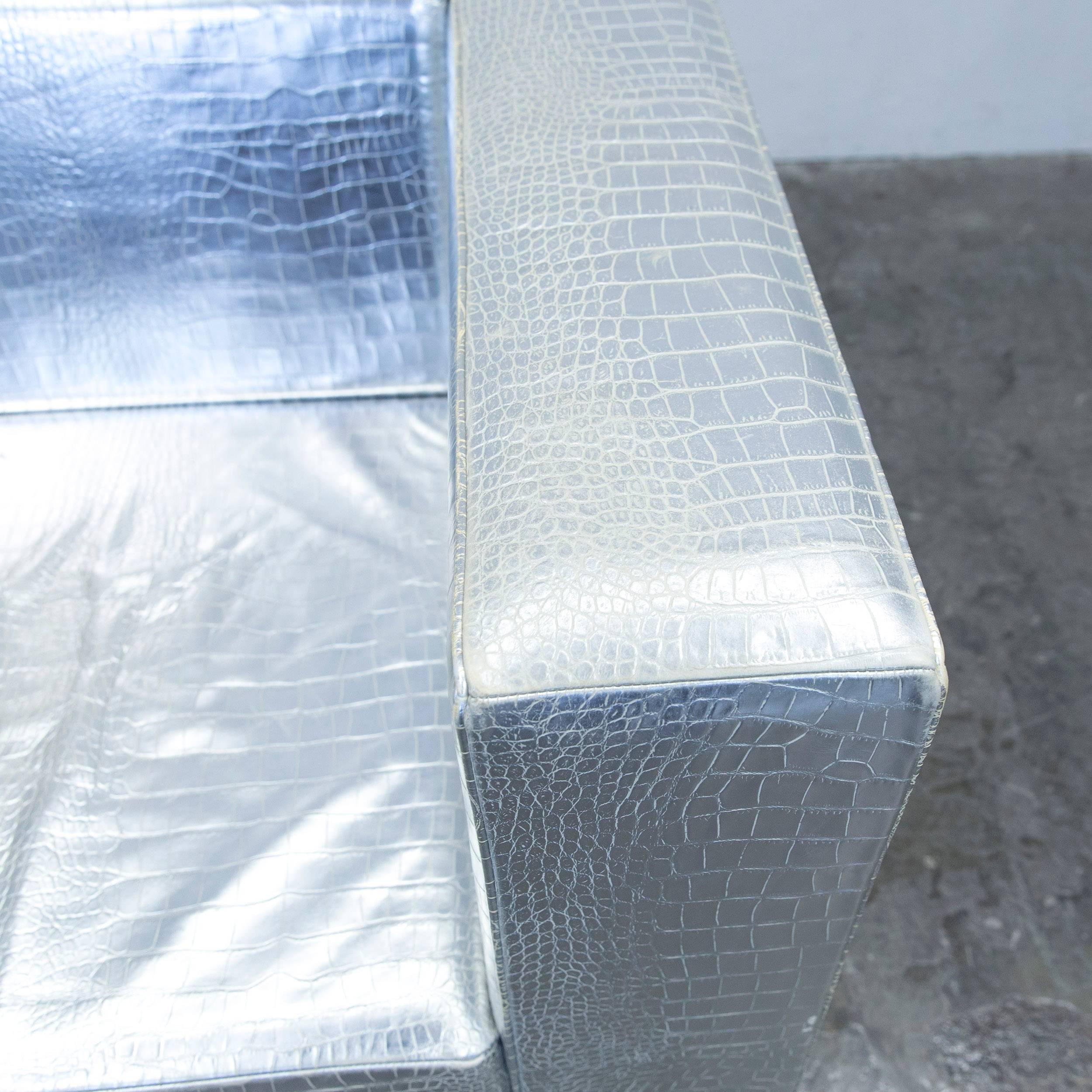 Contemporary Philipp Plein Designer Club Chair Leather Silver Crocodile Pattern Couch Modern