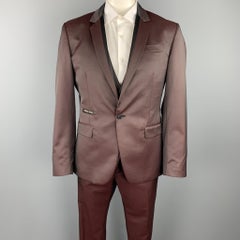 PHILIPP PLEIN Diamond Cut 44 Burgundy & Black Wool Blend 3 Piece Tuxedo Suit