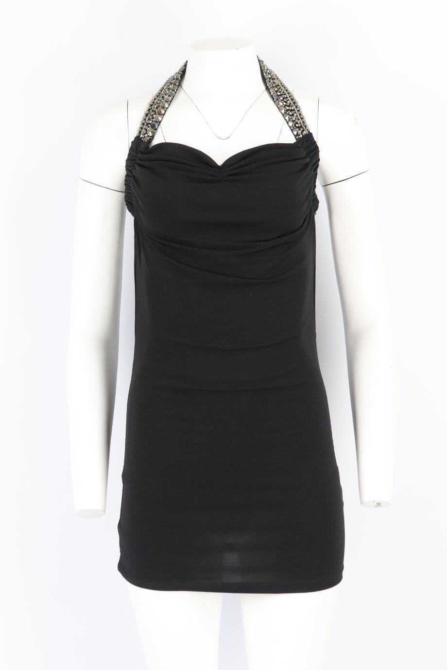 Philipp Plein embellished cutout ruched stretch jersey mini dress. Black. Sleeveless, cowl neck. Slips on. 100% Polyester. Size: Small (UK 8, US 4, FR 36, IT 40). Bust: 28 in. Waist: 28 in. Hips: 31 in. Length: 30 in. Very good condition - Some