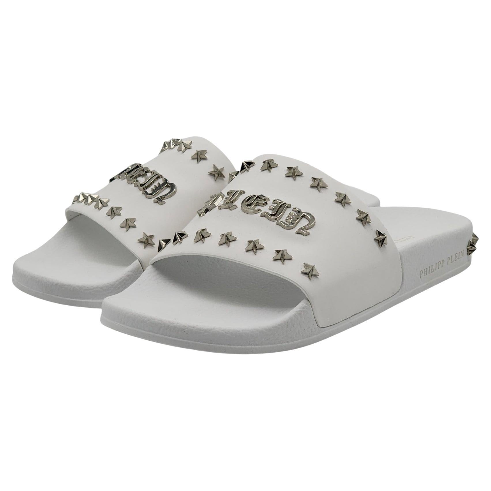 Philipp Plein Gothic Plein Studded Slides in White For Sale