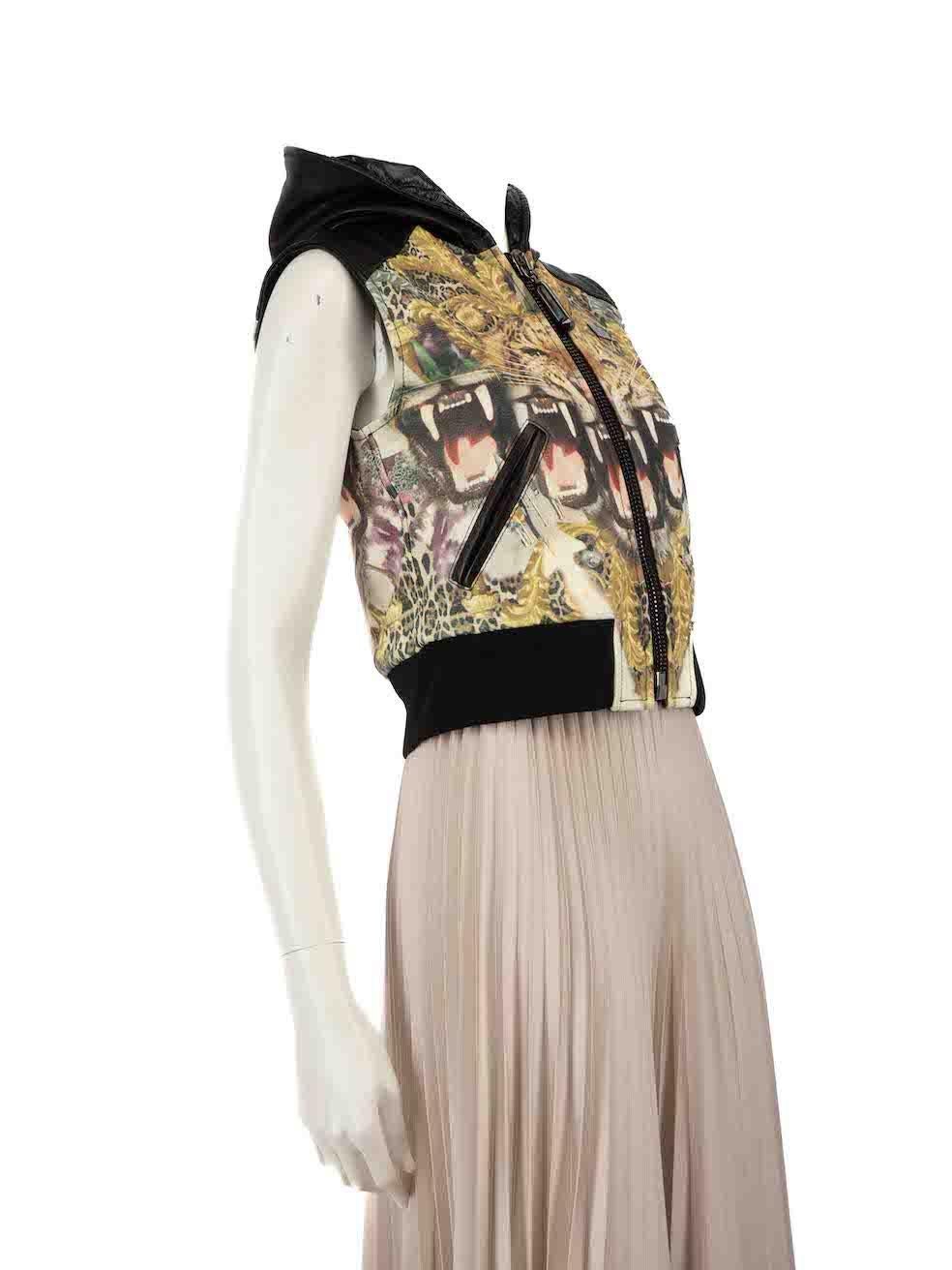 CONDITION is Very good. Hardly any visible wear to vest is evident on this used Philipp Plein designer resale item.
 
 
 
 Details
 
 
 Multicolour- black and brown tone
 
 Leather
 
 Vest
 
 Graphic leopard print
 
 Hooded
 
 Front zip fastening
 
