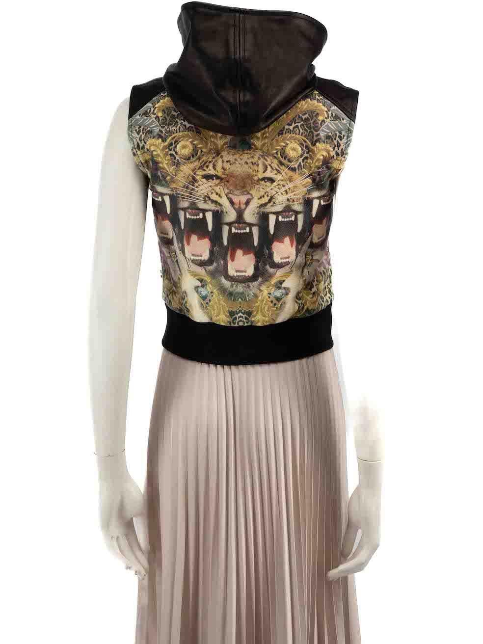 Brown Philipp Plein Graphic Leopard Leather Hood Vest Size S For Sale