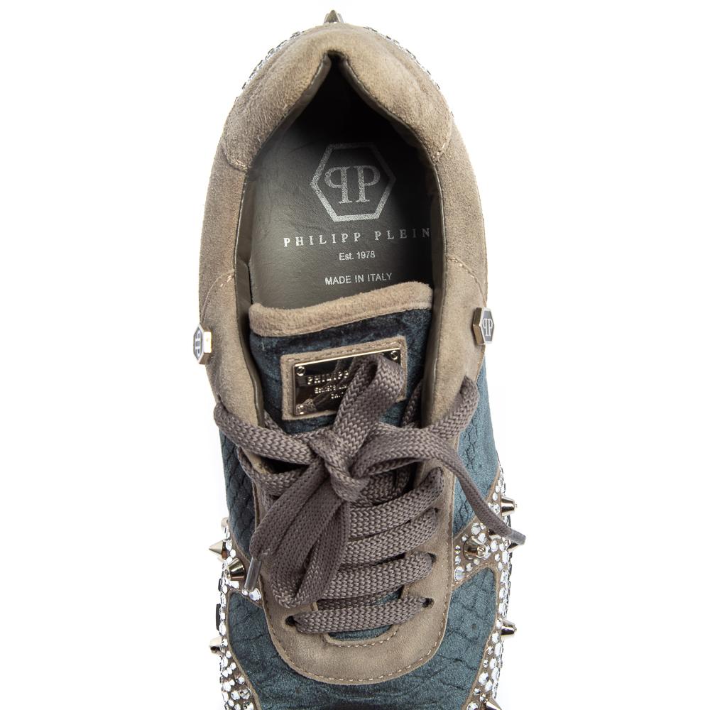 Philipp Plein Grey/Blue Suede and Velvet Spike Embellished Sneakers Size 37 1